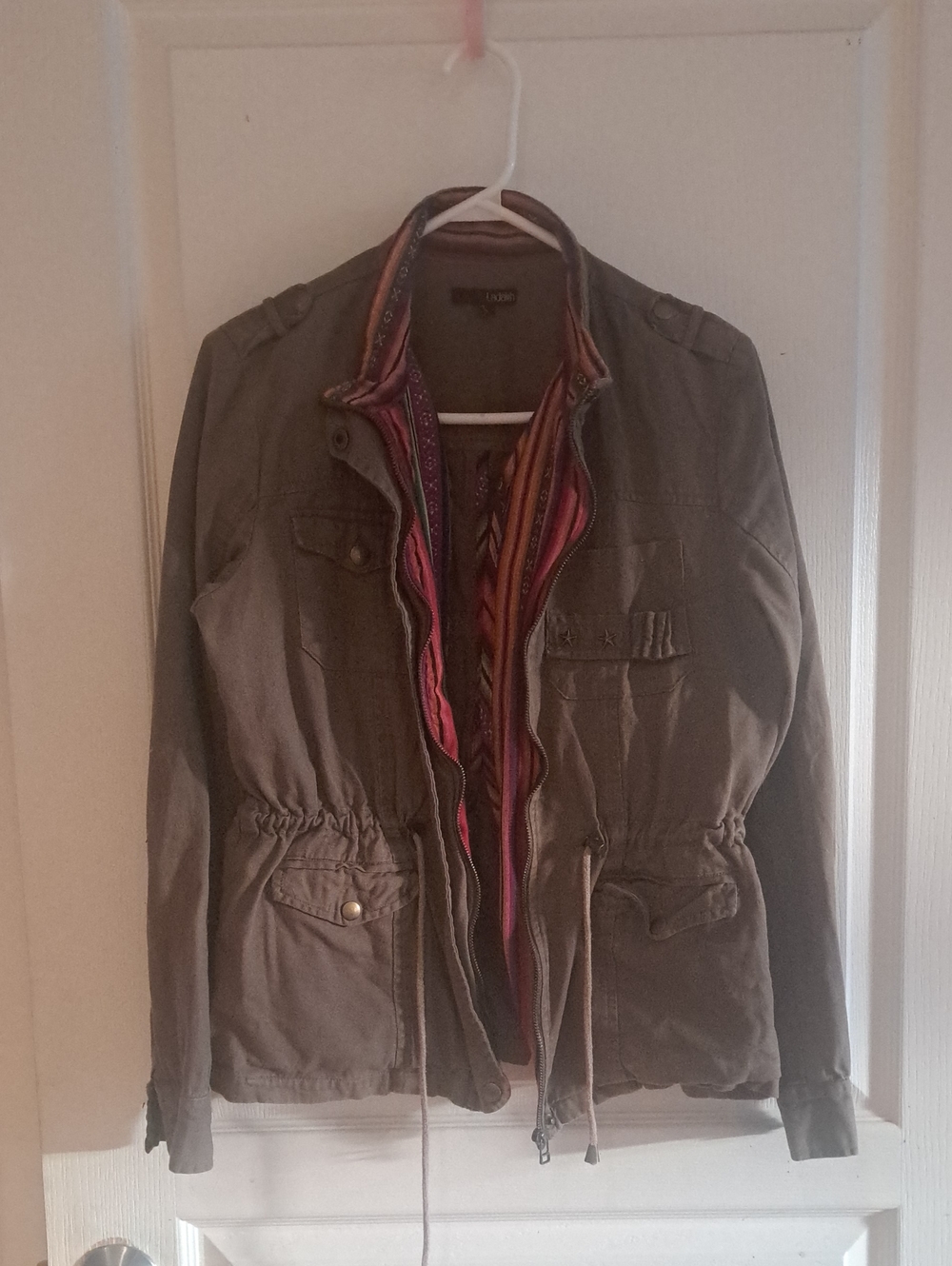 462-Ladakh Olive Utility Jacket Contrast Lining Military Style Drawstring Waist - Picture 2 of 14